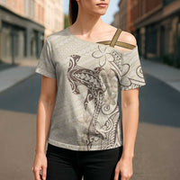 Beige Hawaii Cross Shoulder Shirt Hammerhead Shark Tattoo Curve Polynesian - Polynesian Pride