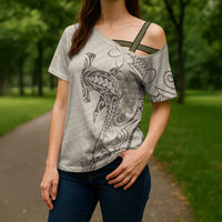 Beige Hawaii Cross Shoulder Shirt Hammerhead Shark Tattoo Curve Polynesian - Polynesian Pride