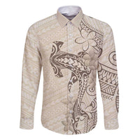 Beige Hawaii Family Matching Long Sleeve Bodycon Dress and Hawaiian Shirt Hammerhead Shark Tattoo Curve Polynesian - Polynesian Pride