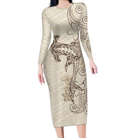 Beige Hawaii Family Matching Long Sleeve Bodycon Dress and Hawaiian Shirt Hammerhead Shark Tattoo Curve Polynesian - Polynesian Pride