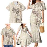 Beige Hawaii Family Matching Mermaid Dress and Hawaiian Shirt Hammerhead Shark Tattoo Curve Polynesian - Polynesian Pride