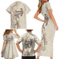 Beige Hawaii Family Matching Short Sleeve Bodycon Dress and Hawaiian Shirt Hammerhead Shark Tattoo Curve Polynesian - Polynesian Pride