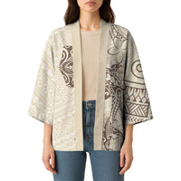 Beige Hawaii Kimono Hammerhead Shark Tattoo Curve Polynesian - Polynesian Pride