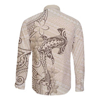 Beige Hawaii Long Sleeve Button Shirt Hammerhead Shark Tattoo Curve Polynesian - Polynesian Pride