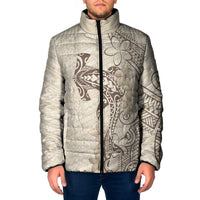Beige Hawaii Padded Jacket Hammerhead Shark Tattoo Curve Polynesian - Polynesian Pride