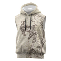 Beige Hawaii Sleeveless Hoodie Hammerhead Shark Tattoo Curve Polynesian - Polynesian Pride