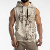 Beige Hawaii Sleeveless Hoodie Hammerhead Shark Tattoo Curve Polynesian - Polynesian Pride
