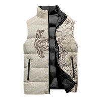Beige Hawaii Sleeveless Puffer Jacket Hammerhead Shark Tattoo Curve Polynesian - Polynesian Pride