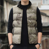 Beige Hawaii Sleeveless Puffer Jacket Hammerhead Shark Tattoo Curve Polynesian - Polynesian Pride