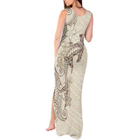 Beige Hawaii Tank Maxi Dress Hammerhead Shark Tattoo Curve Polynesian - Polynesian Pride