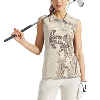 Beige Hawaii Women Sleeveless Polo Shirt Hammerhead Shark Tattoo Curve Polynesian - Polynesian Pride
