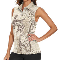Beige Hawaii Women Sleeveless Polo Shirt Hammerhead Shark Tattoo Curve Polynesian - Polynesian Pride