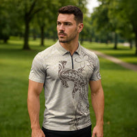 Beige Hawaii Zipper Polo Shirt Hammerhead Shark Tattoo Curve Polynesian - Polynesian Pride