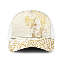 Gold and White Hawaii Baseball Net Cap Hammerhead Shark Tattoo Curve Polynesian LT14 One Size White White - Polynesian Pride