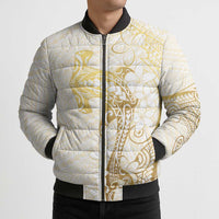 Gold and White Hawaii Bomber Puffer Jacket Hammerhead Shark Tattoo Curve Polynesian - Polynesian Pride