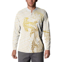 Gold and White Hawaii Button Sweatshirt Hammerhead Shark Tattoo Curve Polynesian - Polynesian Pride