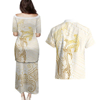 Gold and White Hawaii Couples Matching Puletasi and Hawaiian Shirt Hammerhead Shark Tattoo Curve Polynesian - Polynesian Pride