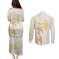 Gold and White Hawaii Couples Matching Puletasi and Long Sleeve Button Shirt Hammerhead Shark Tattoo Curve Polynesian - Polynesian Pride