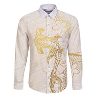 Gold and White Hawaii Family Matching Long Sleeve Bodycon Dress and Hawaiian Shirt Hammerhead Shark Tattoo Curve Polynesian - Polynesian Pride