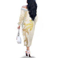 Gold and White Hawaii Family Matching Off The Shoulder Long Sleeve Dress and Hawaiian Shirt Hammerhead Shark Tattoo Curve Polynesian - Polynesian Pride