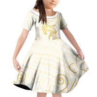 Gold and White Hawaii Family Matching Off Shoulder Short Dress and Hawaiian Shirt Hammerhead Shark Tattoo Curve Polynesian - Polynesian Pride