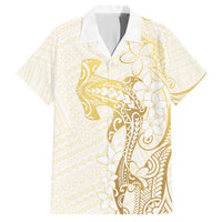Gold and White Hawaii Family Matching Off Shoulder Short Dress and Hawaiian Shirt Hammerhead Shark Tattoo Curve Polynesian - Polynesian Pride