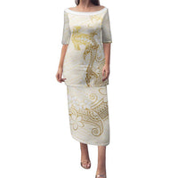 Gold and White Hawaii Family Matching Puletasi and Hawaiian Shirt Hammerhead Shark Tattoo Curve Polynesian - Polynesian Pride