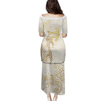 Gold and White Hawaii Family Matching Puletasi and Hawaiian Shirt Hammerhead Shark Tattoo Curve Polynesian - Polynesian Pride