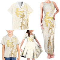 Gold and White Hawaii Family Matching Tank Maxi Dress and Hawaiian Shirt Hammerhead Shark Tattoo Curve Polynesian - Polynesian Pride