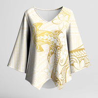 Gold and White Hawaii Kimono Sleeve Blouse Hammerhead Shark Tattoo Curve Polynesian - Polynesian Pride