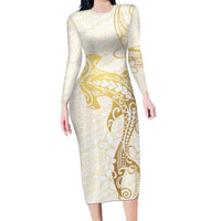 Gold and White Hawaii Long Sleeve Bodycon Dress Hammerhead Shark Tattoo Curve Polynesian - Polynesian Pride