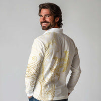Gold and White Hawaii Long Sleeve Polo Shirt Hammerhead Shark Tattoo Curve Polynesian - Polynesian Pride