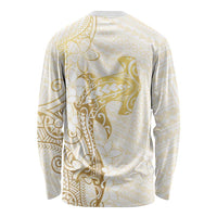Gold and White Hawaii Long Sleeve Shirt Hammerhead Shark Tattoo Curve Polynesian - Polynesian Pride