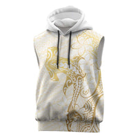 Gold and White Hawaii Sleeveless Hoodie Hammerhead Shark Tattoo Curve Polynesian - Polynesian Pride
