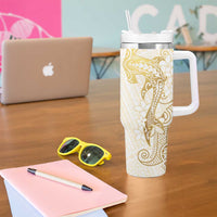 Gold and White Hawaii Tumbler With Handle Hammerhead Shark Tattoo Curve Polynesian - Polynesian Pride