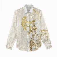 Gold and White Hawaii Women Casual Shirt Hammerhead Shark Tattoo Curve Polynesian - Polynesian Pride