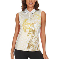 Gold and White Hawaii Women Sleeveless Polo Shirt Hammerhead Shark Tattoo Curve Polynesian - Polynesian Pride