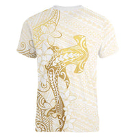 Gold and White Hawaii Women V-Neck T-Shirt Hammerhead Shark Tattoo Curve Polynesian - Polynesian Pride