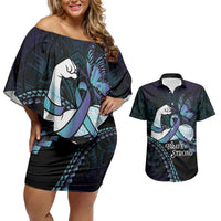 Personalised Polynesia Suicide Prevention Month Couples Matching Off Shoulder Short Dress and Hawaiian Shirt Brave Strong Butterfly Teal Purple Ribbon LT14 Purple - Polynesian Pride
