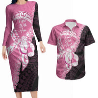 Personalised Polynesia Breast Cancer Awareness Couples Matching Long Sleeve Bodycon Dress and Hawaiian Shirt Fight With Hope Pink Ribbon Boxing Gloves LT14 Pink - Polynesian Pride