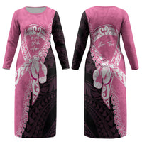 Personalised Polynesia Breast Cancer Awareness Couples Matching Long Sleeve Bodycon Dress and Hawaiian Shirt Fight With Hope Pink Ribbon Boxing Gloves LT14 - Polynesian Pride