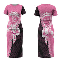 Personalised Polynesia Breast Cancer Awareness Family Matching Short Sleeve Bodycon Dress and Hawaiian Shirt Fight With Hope Pink Ribbon Boxing Gloves LT14 Mom's Dress Pink - Polynesian Pride