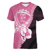 Personalised Polynesia Breast Cancer Awareness Women V-Neck T-Shirt Fight With Hope Pink Ribbon Boxing Gloves LT14 Female Pink - Polynesian Pride