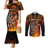 Personalised Polynesian Darts Couples Matching Mermaid Dress and Long Sleeve Button Shirts Fire Burning With Tribal Tattoo LT14 Orange - Polynesian Pride