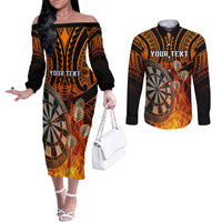 Personalised Polynesian Darts Couples Matching Off The Shoulder Long Sleeve Dress and Long Sleeve Button Shirts Fire Burning With Tribal Tattoo LT14 Orange - Polynesian Pride
