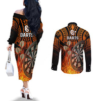 Personalised Polynesian Darts Couples Matching Off The Shoulder Long Sleeve Dress and Long Sleeve Button Shirts Fire Burning With Tribal Tattoo LT14 - Polynesian Pride