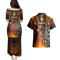 Personalised Polynesian Darts Couples Matching Puletasi Dress and Hawaiian Shirt Fire Burning With Tribal Tattoo LT14 - Polynesian Pride