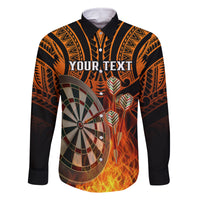 Personalised Polynesian Darts Family Matching Off Shoulder Short Dress and Hawaiian Shirt Fire Burning With Tribal Tattoo LT14 Dad's Shirt - Long Sleeve Orange - Polynesian Pride