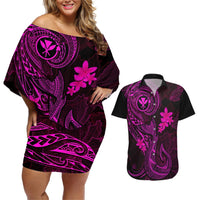 Hawaii Couples Matching Off Shoulder Short Dress and Hawaiian Shirt Fish Hook Tattoo Mix Polynesian Plumeria Pink Version LT14 Pink - Polynesian Pride