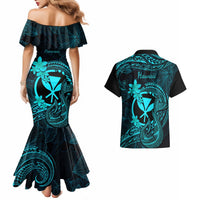 Hawaii Couples Matching Mermaid Dress and Hawaiian Shirt Fish Hook Tattoo Mix Polynesian Plumeria Turquoise Version LT14 - Polynesian Pride